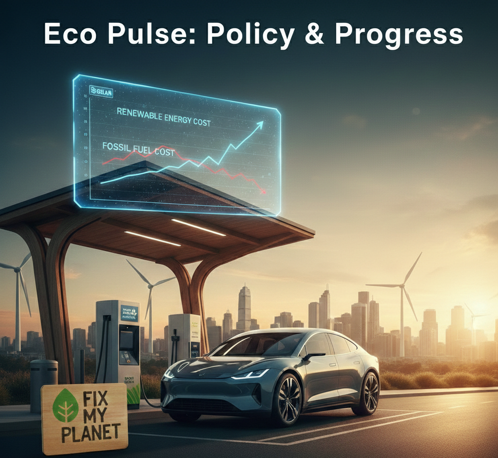 Eco Pulse – Carbon Pricing and EV Progress Electric vehicle charging at a modern station with clean energy graphs showing cheaper renewable costs.